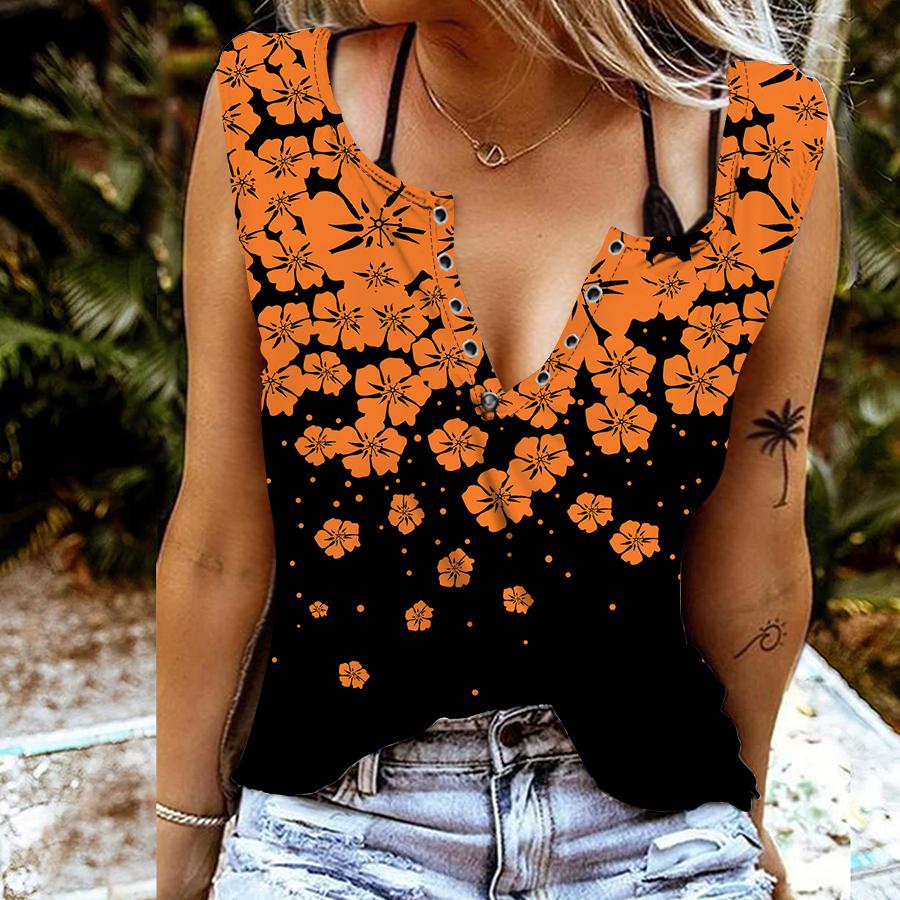 Women Tanks Sexy V Neck Sleeveless Summer Tops Vest 3D Scattered Flowers Print Cool Lightweight Tops
