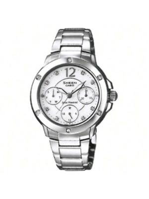 **Dámské hodinky Casio Sheen** – Bílý ciferník zdobený diamanty, nerezový řemínek, elegantní business styl, quartzový strojek,. SHE-3022SBD