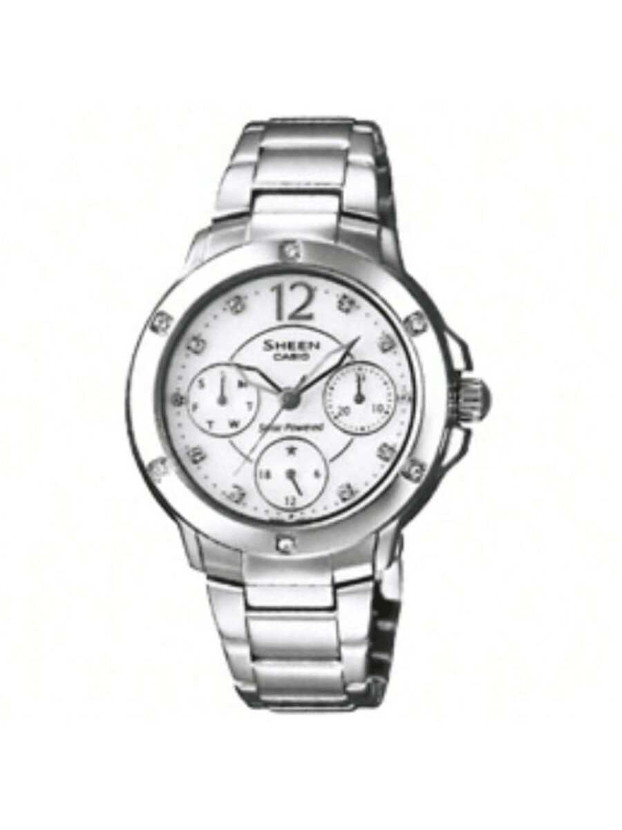 

**Женские часы Casio Sheen** – Белый циферблат с бриллиантовыми акцентами, ремешок из нержавеющей стали, элегантный деловой стиль, кварцевый механизм,. SHE-3022SBD белый