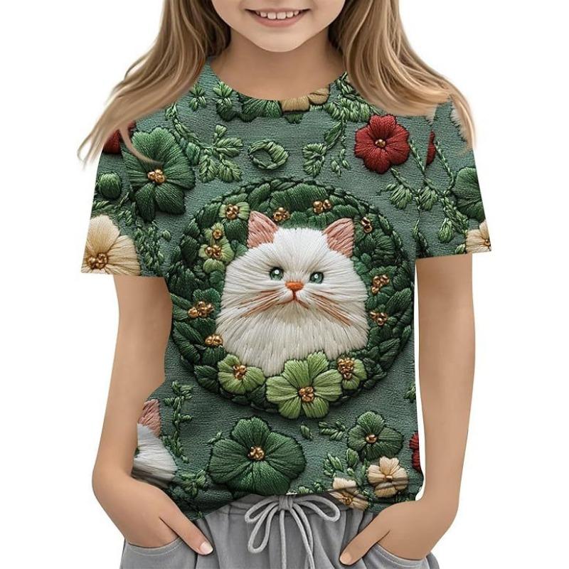 Fashionable Summer Trendy High-quality Four Leaf Clover Pattern Children's Women's Short Sleeved Round Neck T-shirt