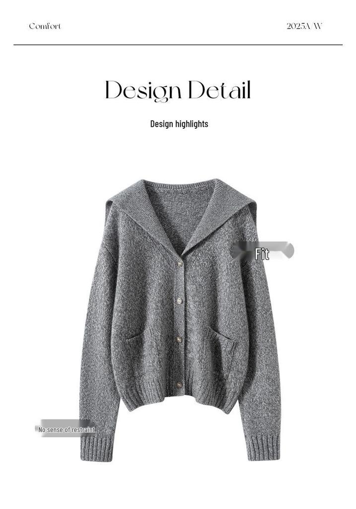 Navy Heavy Craftsmanship Cashmere Cardigan: Women's Loose Knit Sweater, Thickened Collared Casual Top