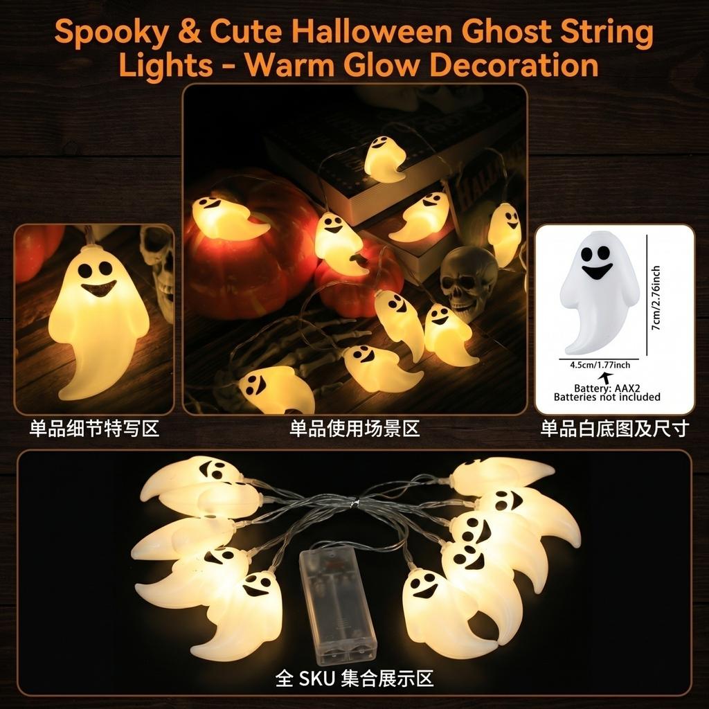 LED Ghost String Lights Battery Operated Halloween Decorative Lights for Indoor Outdoor Holiday Party Decoration with Multiple Light Modes