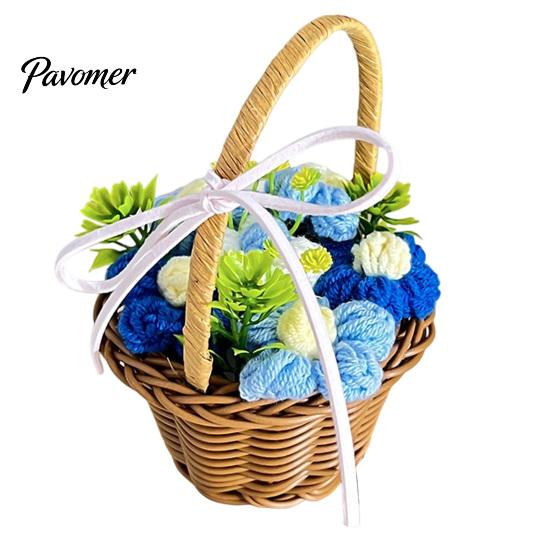 Mini Woven Basket with Flowers Hand Knitted Wool Flower Basket, Decorative Crocheted Floral Exquisite Desktop Ornaments Ribbon, Plant Ornament