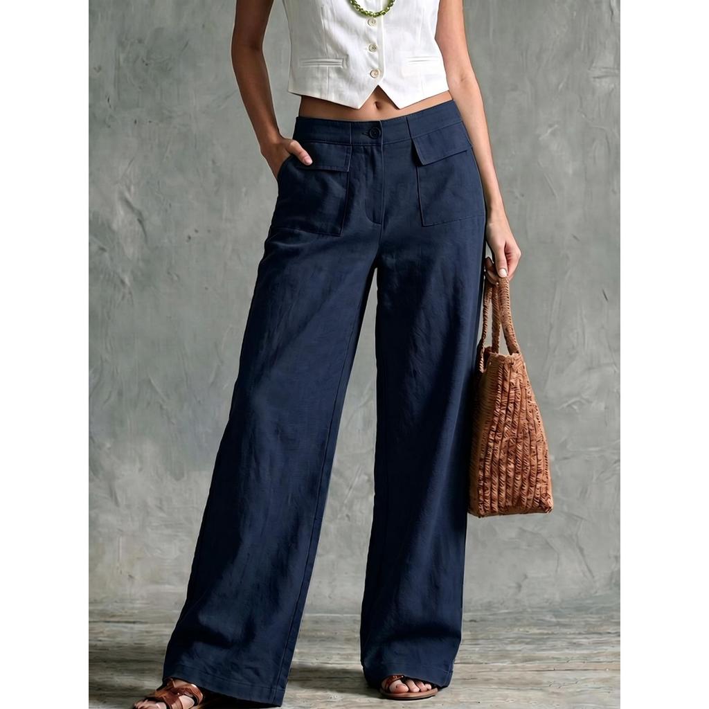 Women's High Rise Wide Leg Pants Loose Fit Solid Color Linen Palazzo Trousers Casual Commute Straight Leg Pants