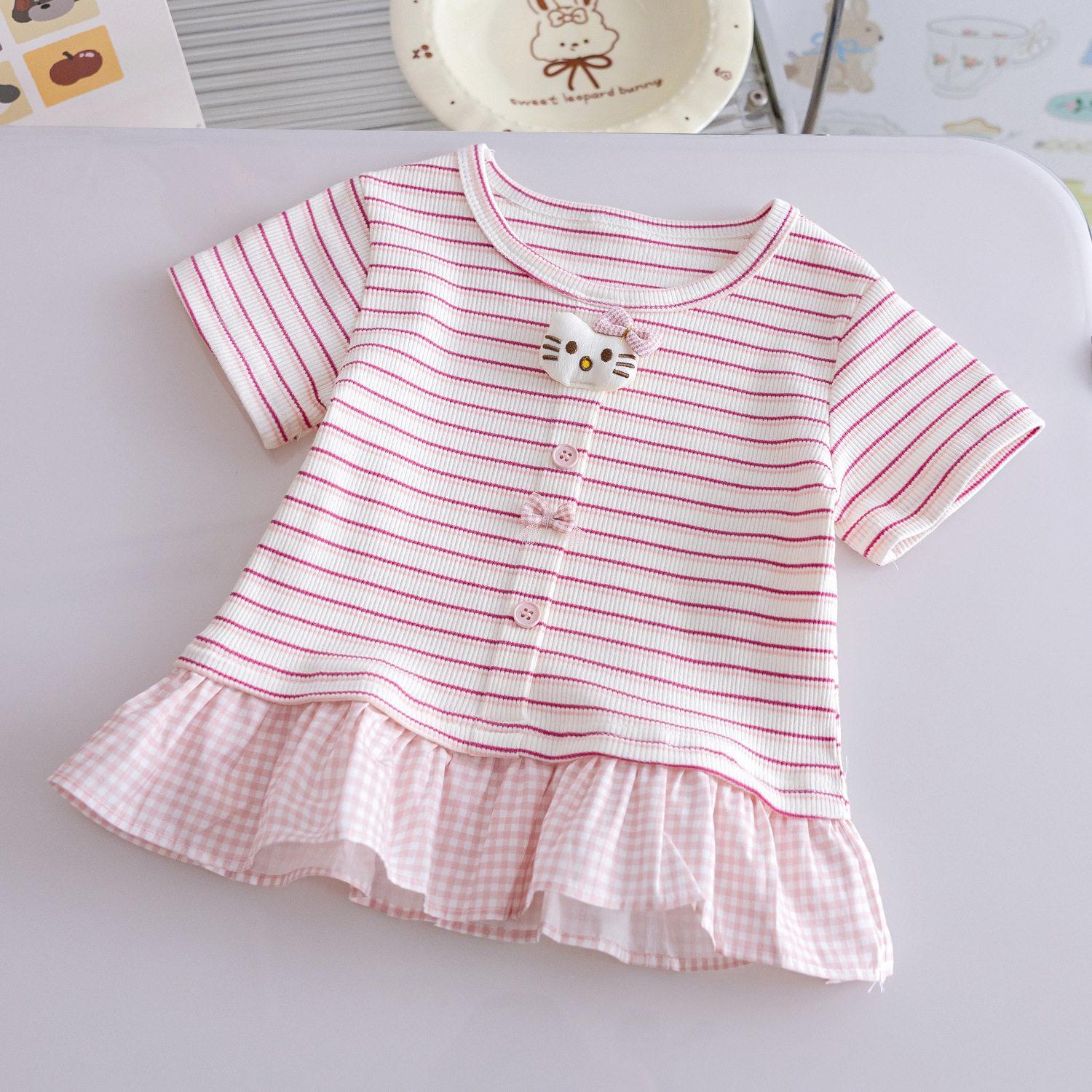 Girls Summer Cotton Short Sleeve T Shirt Sweet Lace Trim Cute Top Baby Breathable Comfortable Tee 80cm