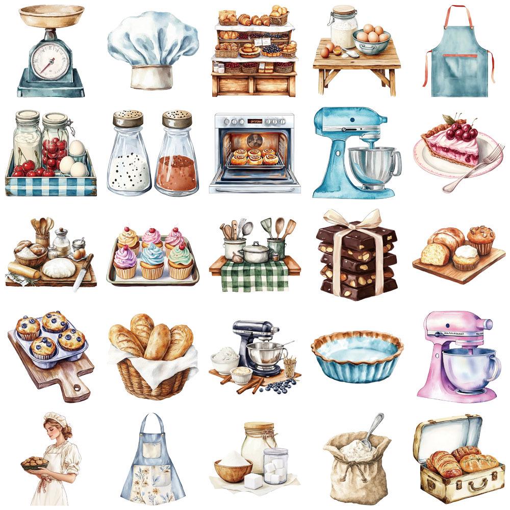 50-Piece Creative Baking-Themed PET Transparent Stickers for Water Bottles, Phone Cases, and Laptops