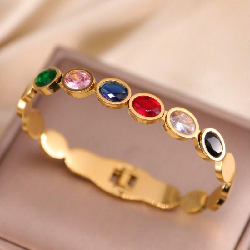 1pc Fashionable Casual Colored Gemstone Stainless Steel Bracelet for Women, Romantic Holiday/Anniversary Gift, Suitable for Daily Wear
