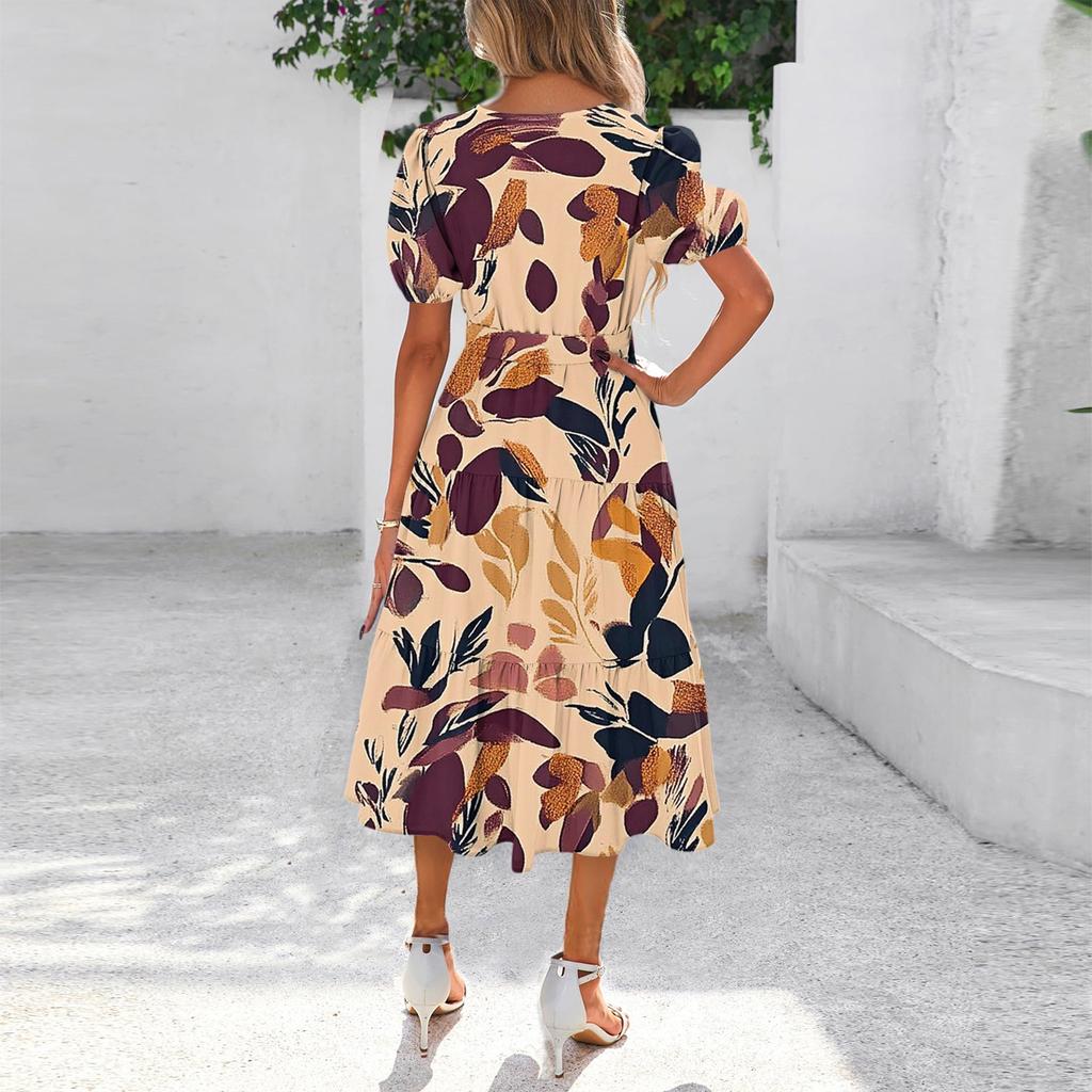 Women's Summer Short Sleeve Round Neck Waistband Bohemian Flowy Maxi Dress With Pockets