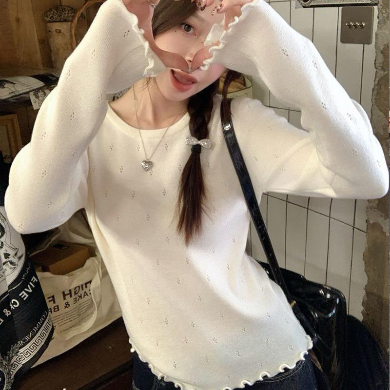 

Высококачественный вязаный свитер с круглым вырезом и ажурной отделкой в виде грибной кромки, женский осенний темпераментный универсальный топ с длинным рукавом One size [recommended 80-60kg] белый