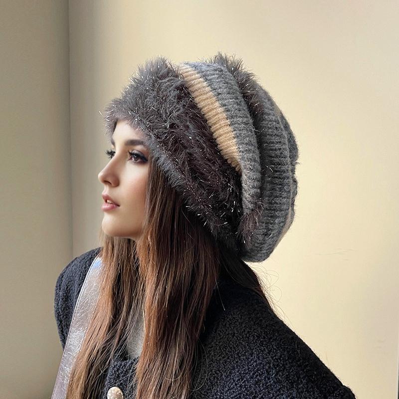 1PC Color Block Elegant Pile Hat Versatile Knitted Fashion High Stretch Warmth Brimless Lightweight Plush Slouchy Hats Multi-Color
