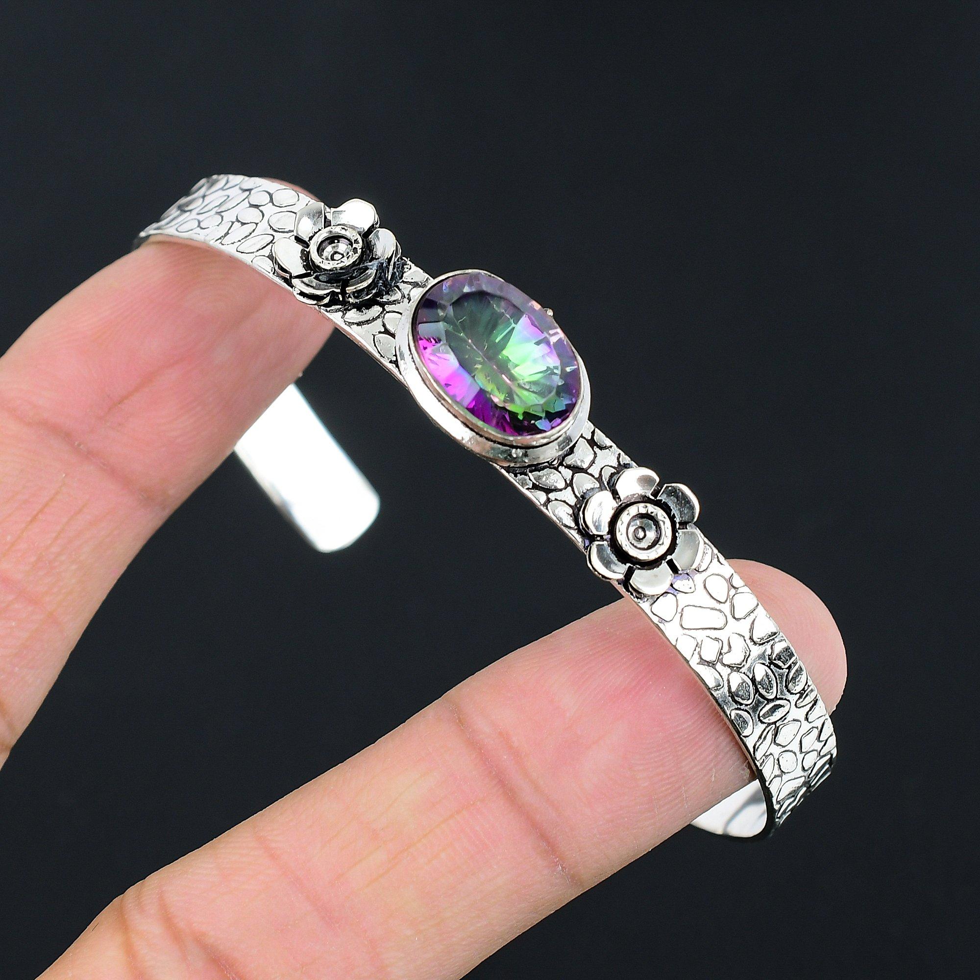 

Gift For Her Natural Rainbow Mystic Topaz Bangle Flower Adjustable 925 Silver Adjustable