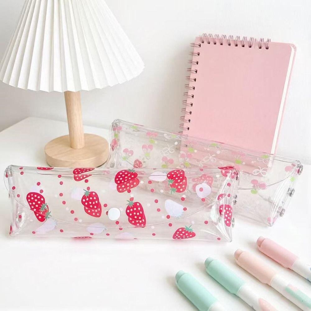 Transparent Pen Bag Strawberry/Cherry Print Stationery Pouch Simple Pencil Pouch Students Gift
