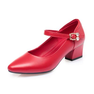 Damenschuhe, mittlerer Absatz, Frühling, echtes Leder, Damen-Pendlerschuhe, runde Zehen, flacher Mund, große Damenschuhe