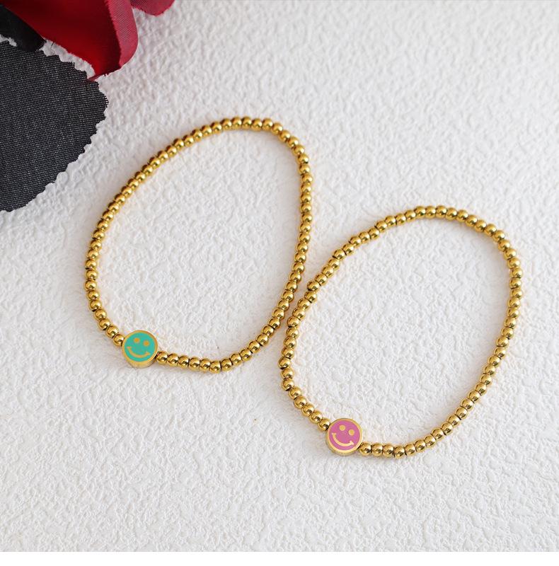18K Gold-Plated Pastel Green Smiling Face Bead Elastic Bracelet for Women