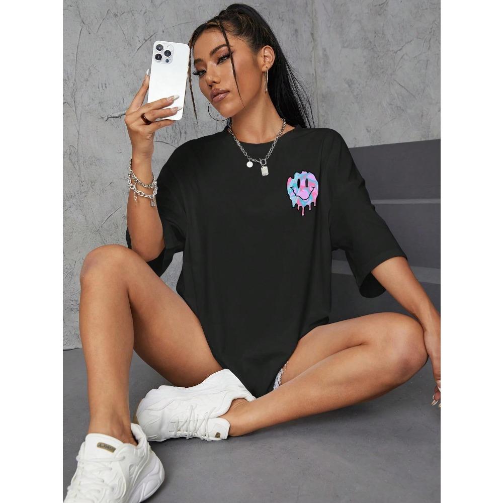 Lustiges Smiley-Gesicht Aufdruck Damen T-Shirt Street Casual T-Shirt Mode Weiche Kleidung Hip Hop Atmungsaktive T-Shirts Damen