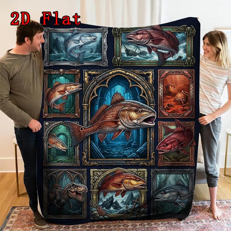 Fish Fantasies 2D Flat Pattern Flannel Blanket, High quality All Seasons, Home Decor, Warmth and Comfort, Perfect for Christmas Gifts.