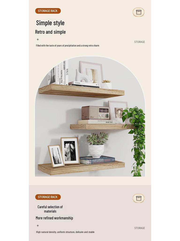 Solid Wood Wall-Mounted Bookshelf: Home Living Room Decor Shelf