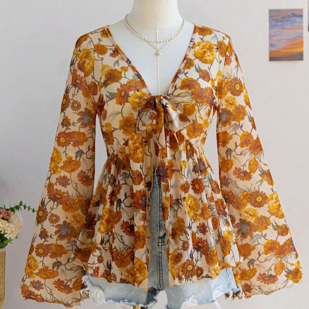Brown Floral Print Deep V-Neck Long Sleeve Blouse with Bow and Ruffle Hem
