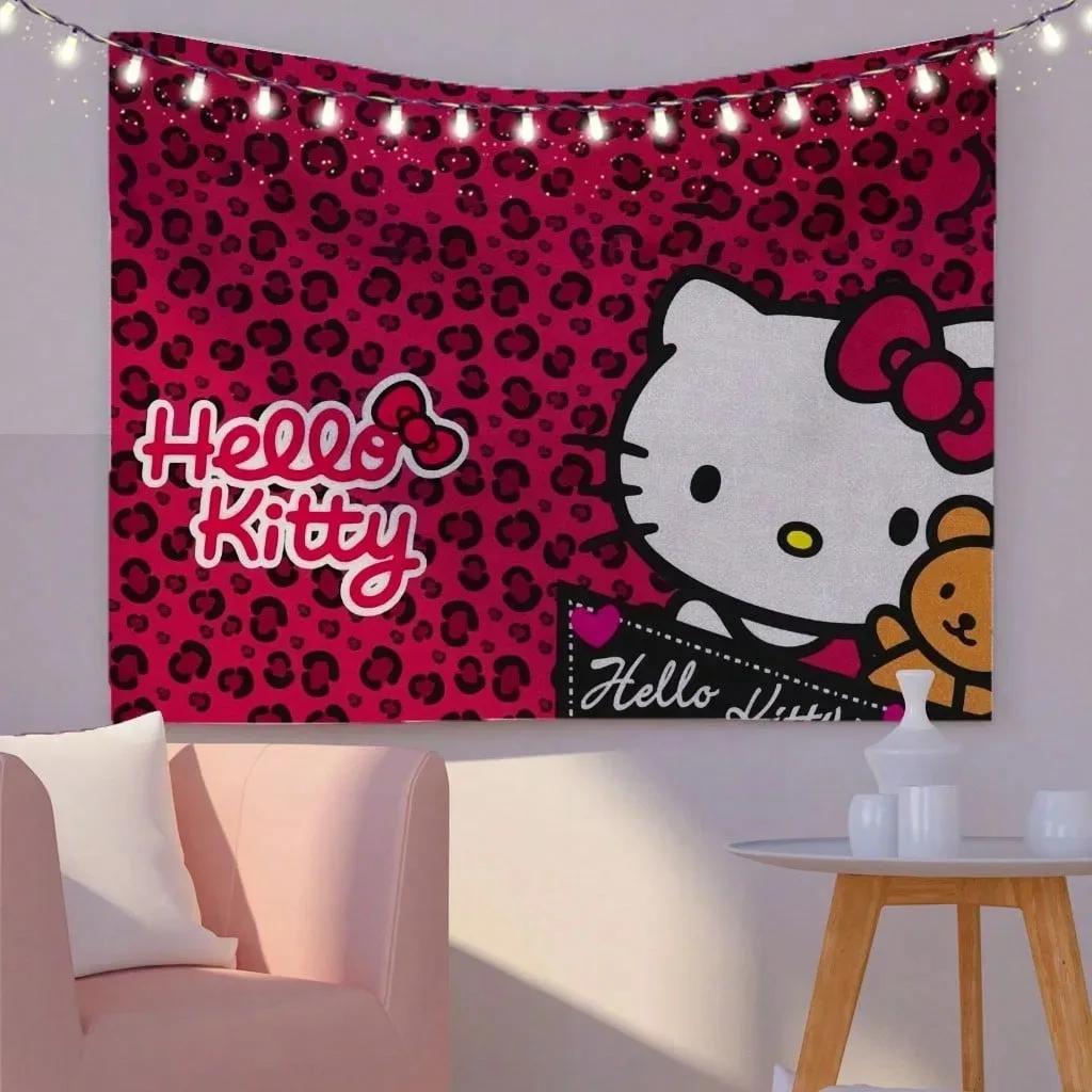 Sanrio Hello Kitty Tapestry Kawaii Pink Printed Tapestry Modern Wall Art Living Room Bedroom Decoration Gift for Kitty Fans