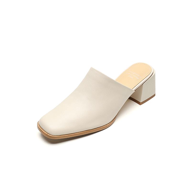 2024 New Genuine Leather Fashion Shoes Women Wedges High Heels Square Toe Mules Slippers Ladies Office Dress Shoes Sandales