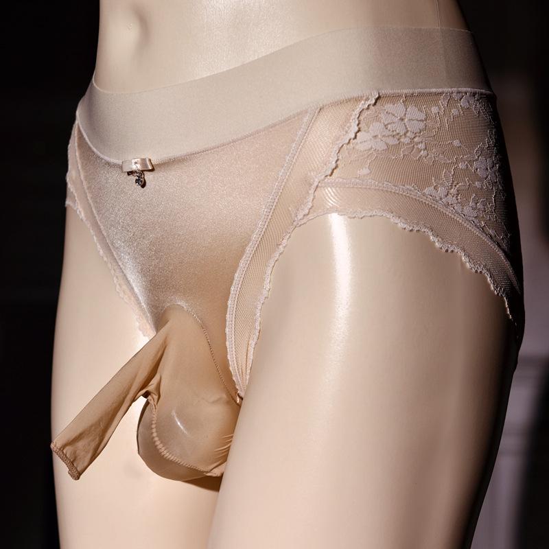 Silky Men'S Panties Lace Satin Erotic Underwear Soft Ultra Thin Briefs Sissy Feminization Lingerie Back Transparent Underpants