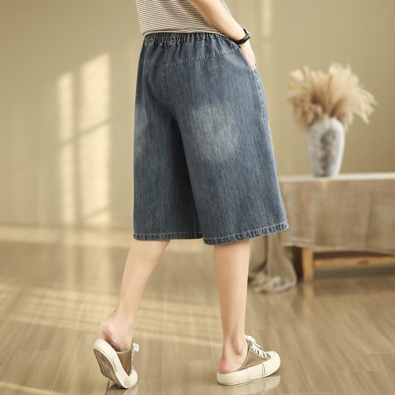 Ronghua Vintage Ethnic Embroidered Denim Capris