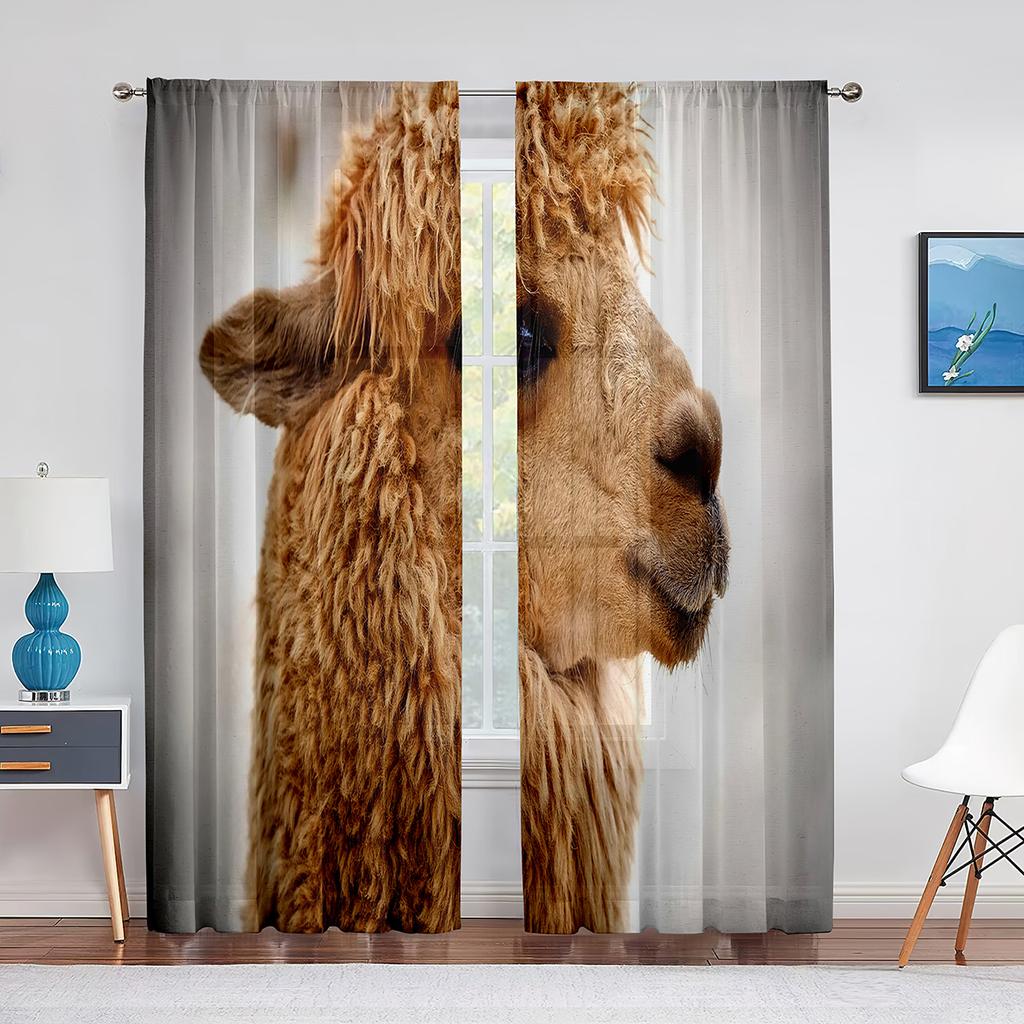 Cute Llama Alpaca Funny Animal Sheer Curtain for Living Room Voile Window Blinds Bedroom Tulle Drape Kitchen Curtains Decoration