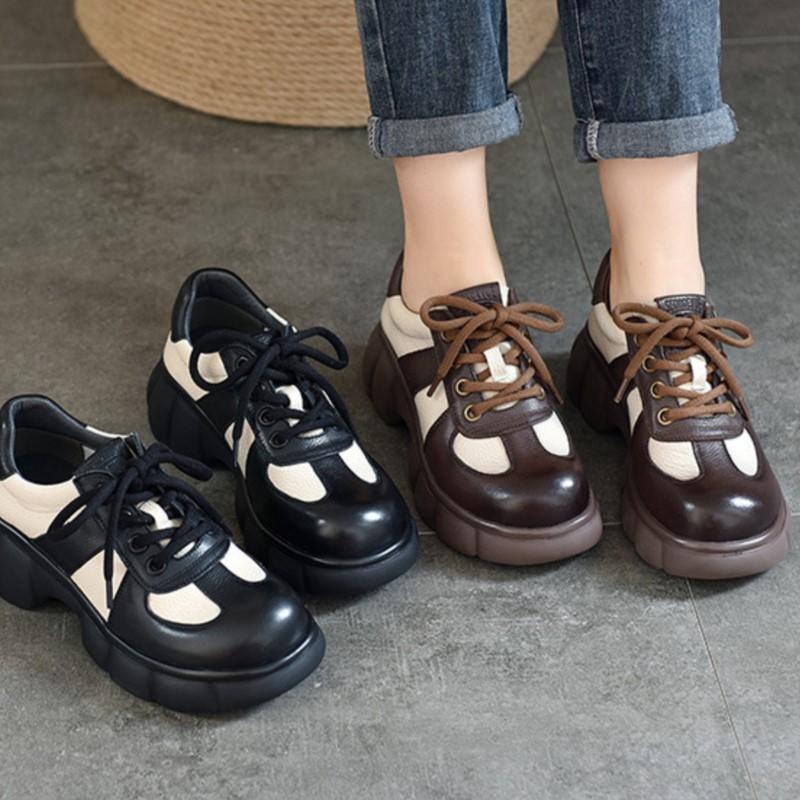 Johnature Thick Soled Retro Genuine Leather Women's Shoes Pumps Round Toe Lace Up Mixed Colors Platform Shoes