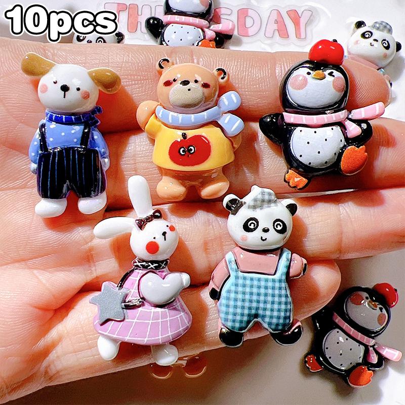 10 Stück Harz Bunt Niedlich Panda Hase Bär Pinguin Hund Flache Rückseite Stein Cartoons Sammelalbum Figurinen DIY Dekor Zubehör Bastelbedarf