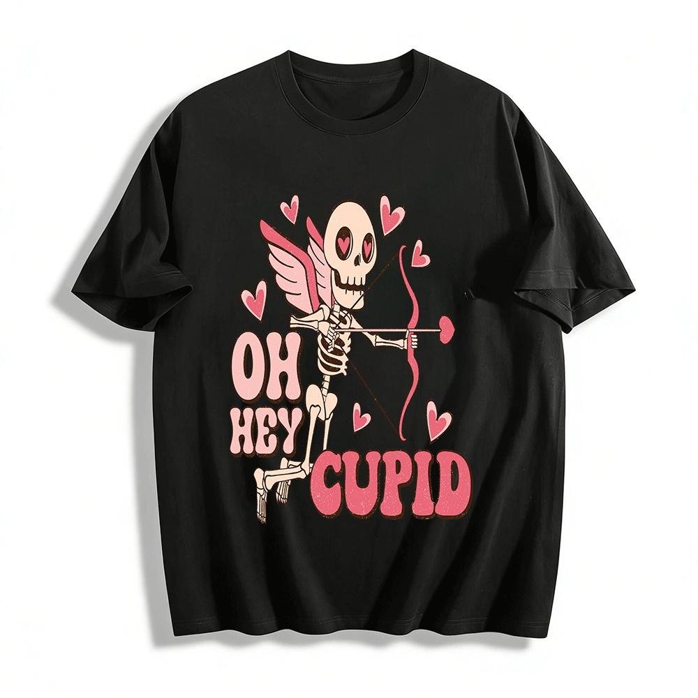 Retro Skeleton Cupid Heart Print Casual Couple Top Pure cotton T-shirt XXS