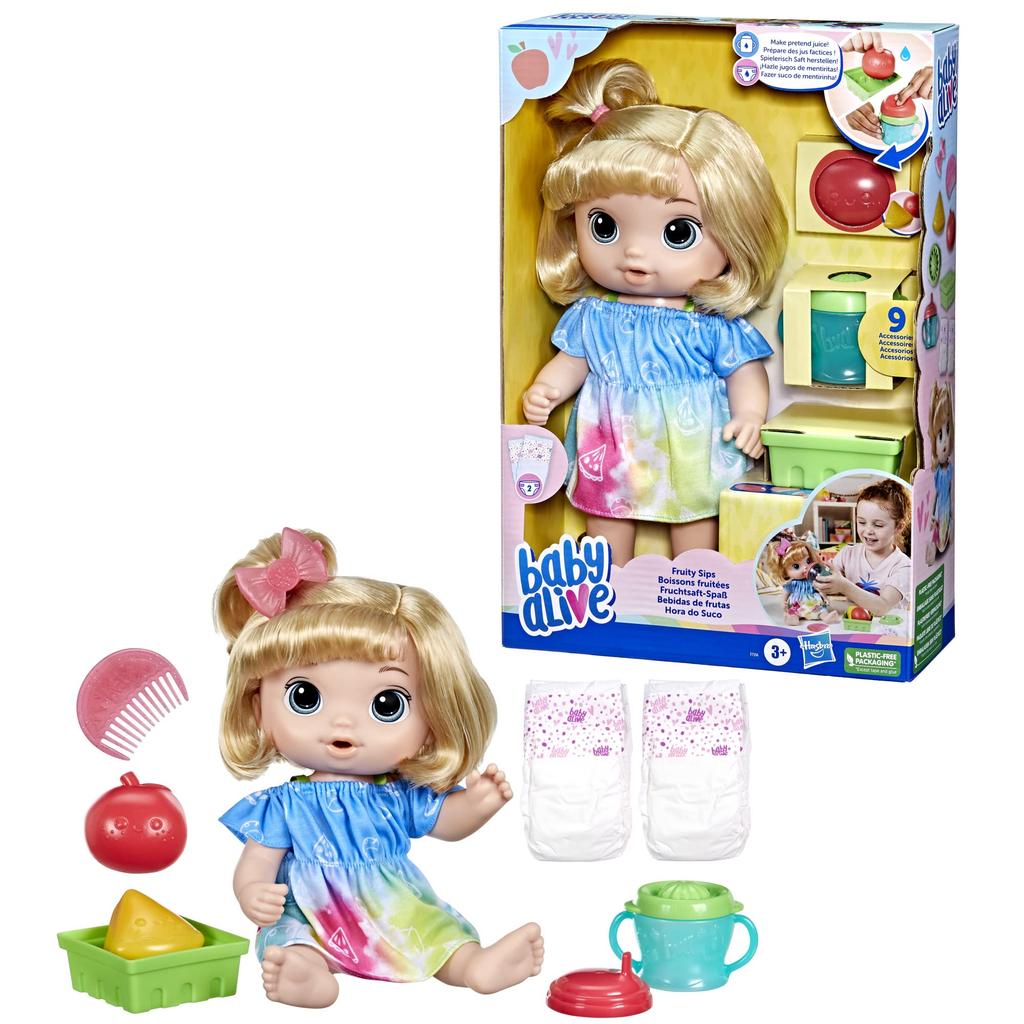 Hasbro Baby Alive Ages Doll Blonde Authentic Juice-Loving Baby, 3+, 12-inch (30 Cm) Set, Bottle, Diaper, Juicer, Hair, F7356,