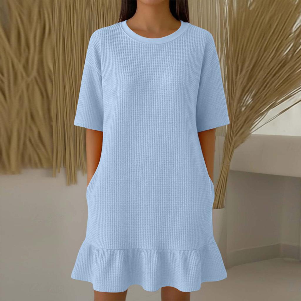 Women Casual Summer Dress Short Sleeve Crew Neck Mini Dress Ruffle Hem Dress Flowy Beach Sundress