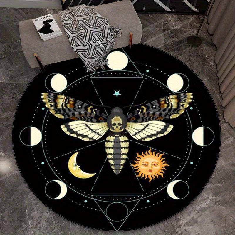 1pc Witchy Moon Phases Rug - Death Moth Pattern, Round Rug for Living Room, Bedroom Chair Cushion Decoration, Crystal Velvet