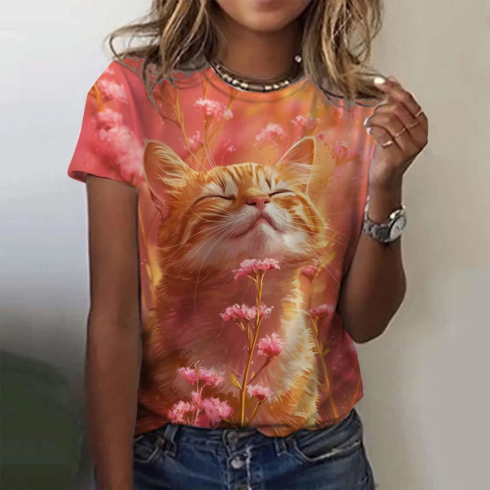 Tricou drăguț cu imprimeu de pisică pentru femei, vară, cu gât rotund, top cu mâneci scurte, ocazional, îmbrăcăminte de dimensiuni mari, Kawaii, animal pentru femei, tricouri