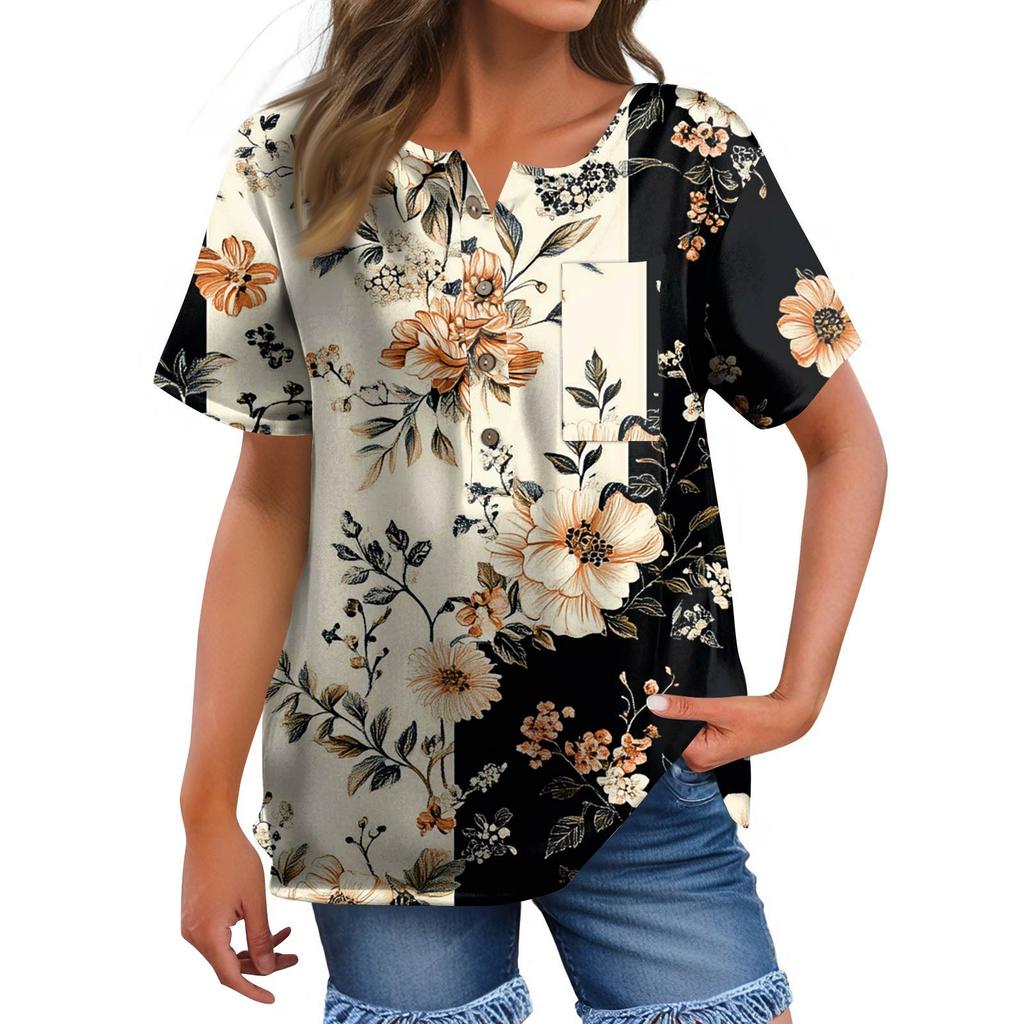 Women's Fashion Casual Short Sleeve Print Round Neck Pullover Top Blouse