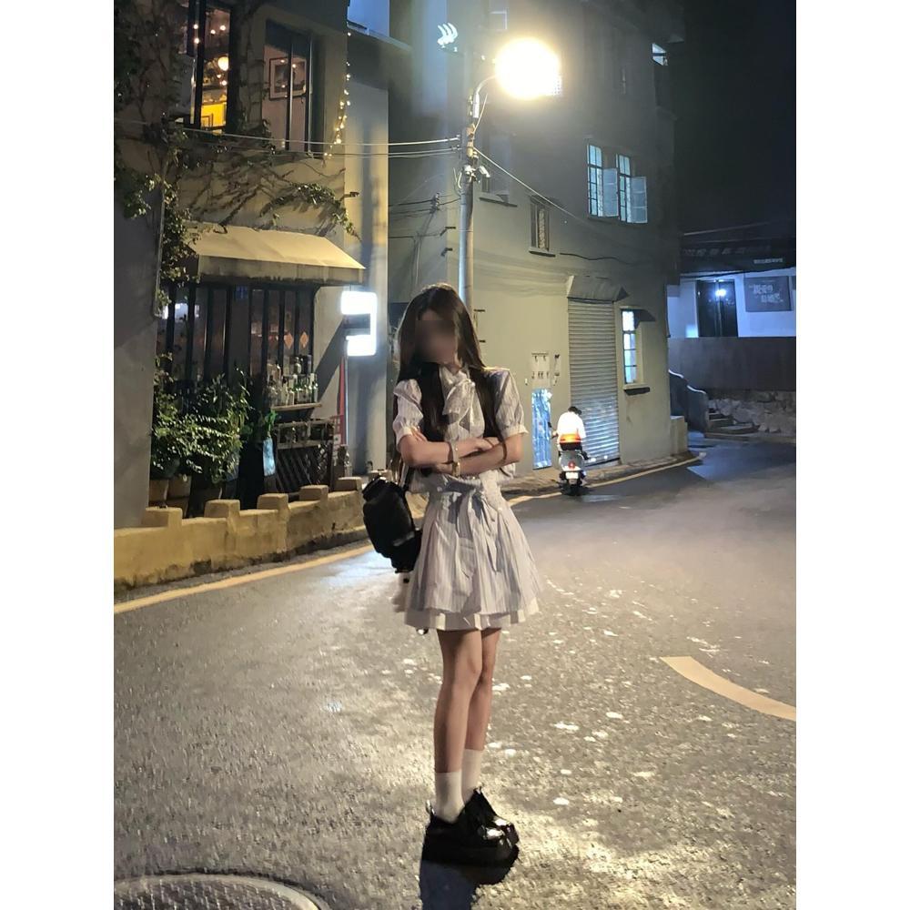 College style splicing contrasting color striped short-sleeved dress women's summer new loose casual bow lace-up skirt