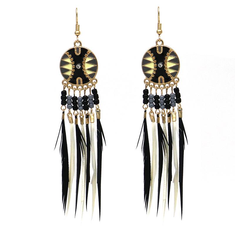Trendy Ethnic Retro Multicolor Feather Beaded Circle Dangle Earrings