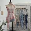Real Shot of Retro Tie-Dye Printed Mesh Camisole with Irregular Ruffles and Ribbon Sleeveless Top 1185