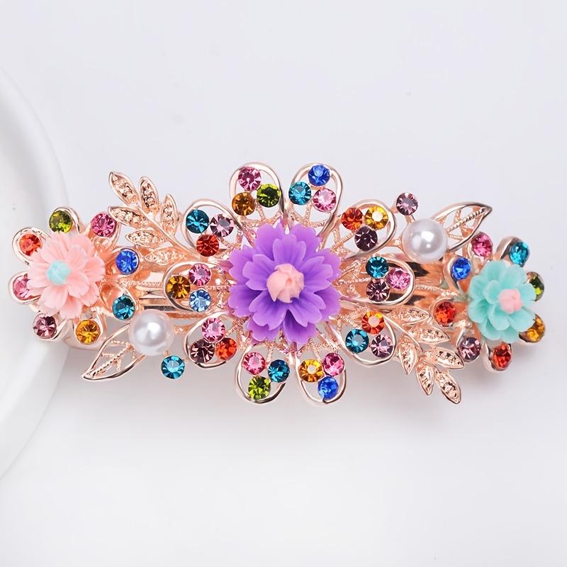 Single Large Large Rhinestone Hair Clip Spring Loaded Rectangular Hairpin with Multicolor Flower Design for Ponytails, Prom, Weddings & Special O