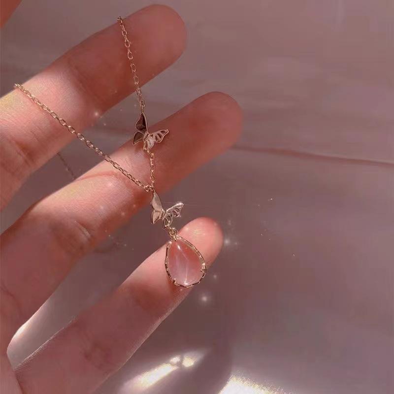 Pink chalcedony butterfly necklace women's light luxury simple temperament niche design sense exquisite versatile tide water drop collarbone chain