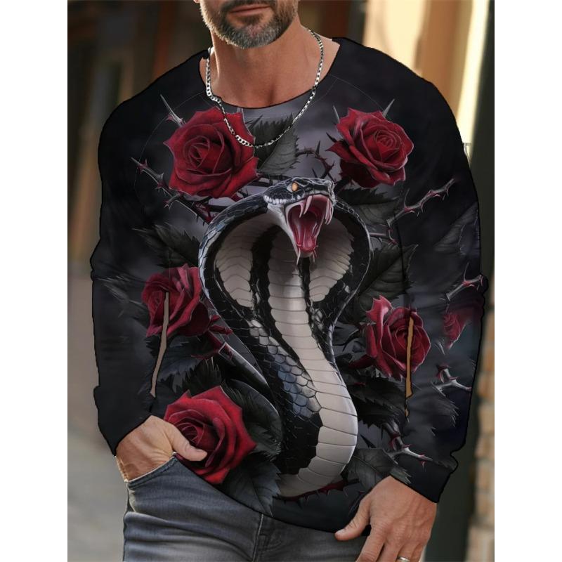 Spring and Autumn Round Neck 3D Snake Pattern Printed Top Fashionable Casual Long Sleeved Men's T-shirts