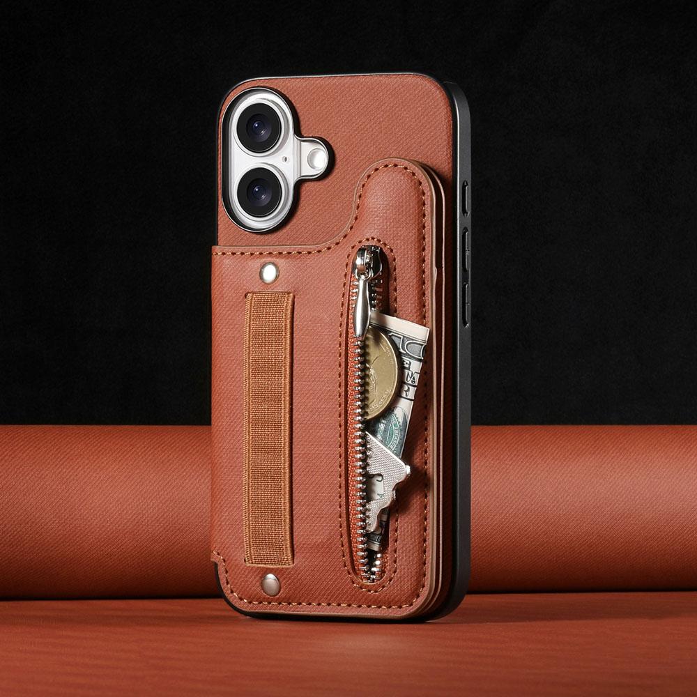 Zipper Cards Solt Wallet Leather Case for iPhone 16 15 13 Pro Max 14 Plus 16Pro 15Pro Elastic Rope Wrist Leather Cover