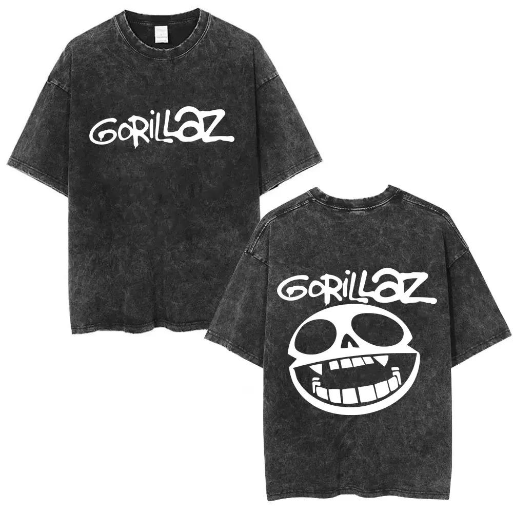 British Classic Virtual Band Gorillaz Poster Tshirt Men Women Streetwear Hip Hop Vintage Washed Cotton Top Oversized Summer Tee