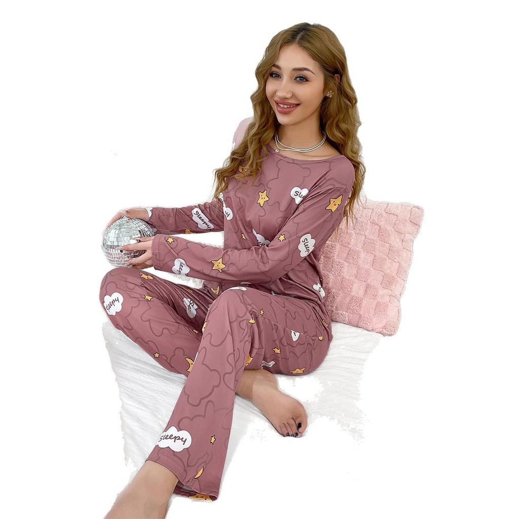 Women's Loose Round Neck Long Sleeve Pajama Set - Comfortable Stretch Two-Piece for Home or Out.