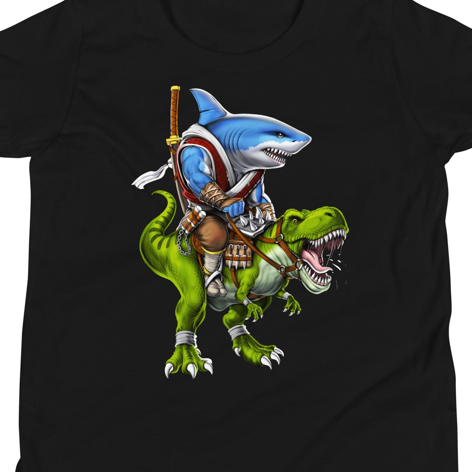 Shark Riding T-Rex Dinosaur T-Shirt, Ninja Samurai Shirt 160