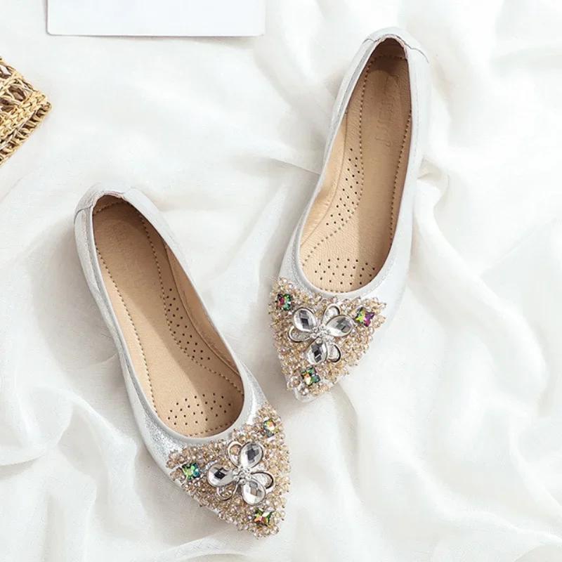 Chaussures Élégantes pour Femmes 2026 Printemps Chaussures Plates Femme Douces Confortables Soie Strass Été Mesdames Chaussures Simples Zapatos De Mujer
