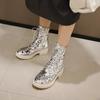 Glänzende, funkelnde Paillettenstiefel für Damen, klobiger Absatz, Schnürung, Reißverschluss, Glitzer, Gold/Silber, Bootie, Party-/Ballschuhe