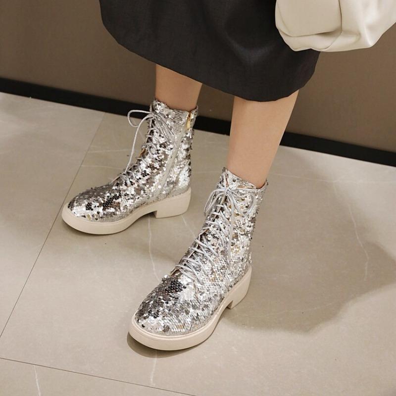 Błyszczące błyszczące cekiny buty dla kobiet grube obcasy sznurowane zamek błyskawiczny brokatowe złoto srebrne botki buty na imprezę bal