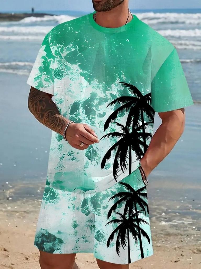 Sommer Neu Herren Kokospalme Farbverlauf Weich Atmungsaktiv Rundhals T-Shirt und Shorts Set Outdoor Urban Freizeit Zweiteiliges Set