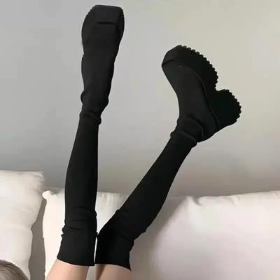 Chaussures de Mode Femme 2024 Vente Chaude Bottes pour Femmes Bottes au-Dessus du Genou Femmes Stretch Slip-on Bout Carré Chaussures Compensées Femmes